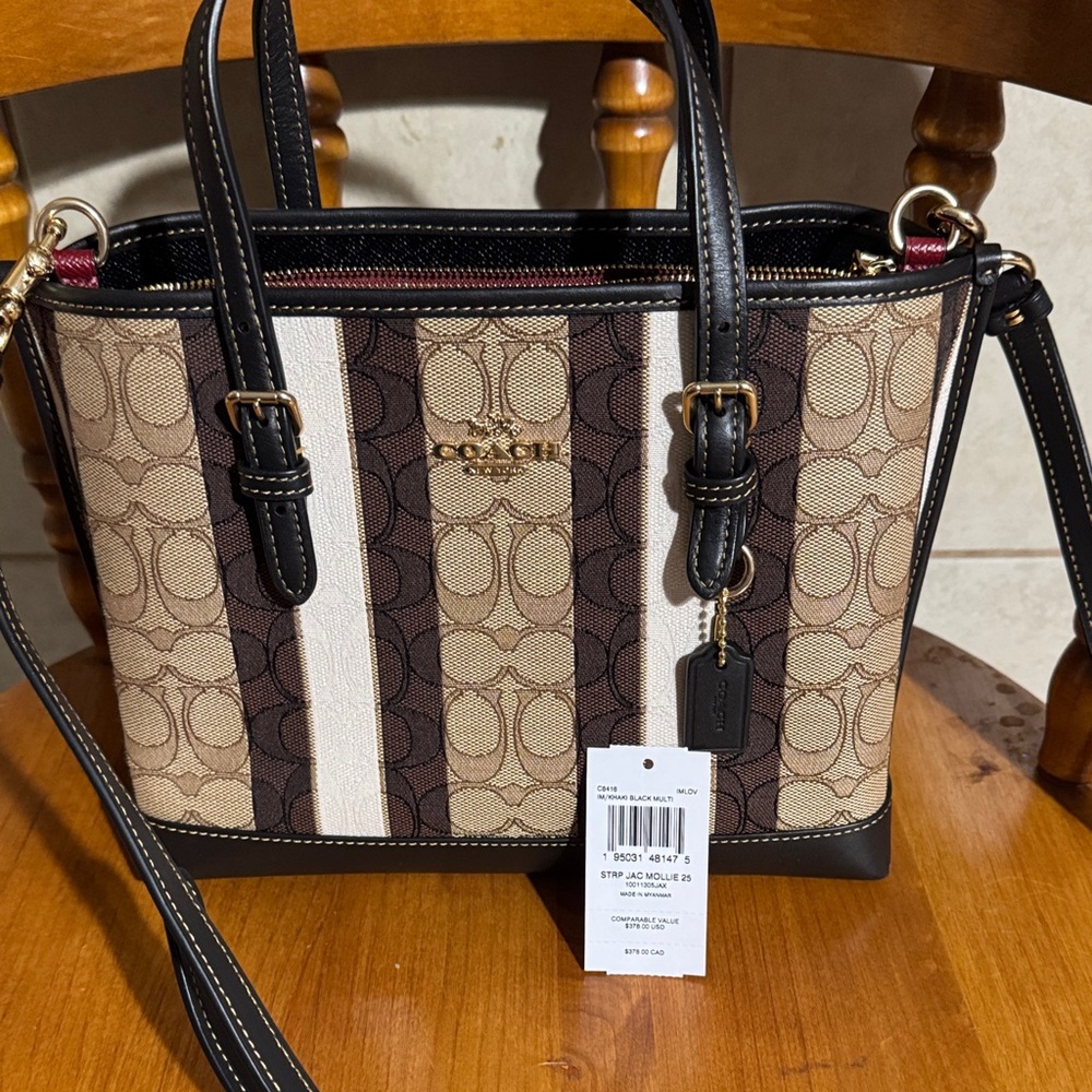 Coach Black and Tan Signature Stripe Satchel